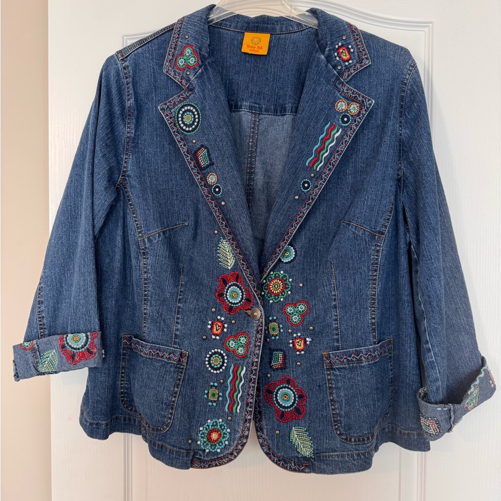 Ruby Rd. Blue Denim Jacket with Multicolor Embroidery